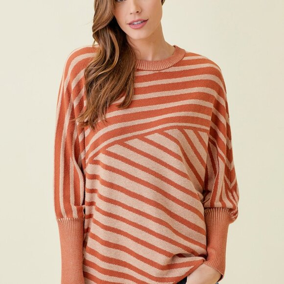MYSTREE Taupe & Cream Diagonal Stripe Dolman Sleeve Sweater Asymmetrical Hem - Picture 2 of 8